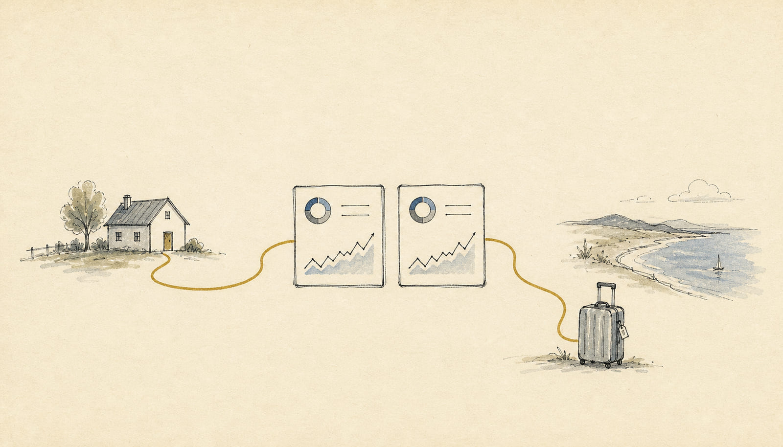 Two hand-drawn portfolio cards branching into different life paths