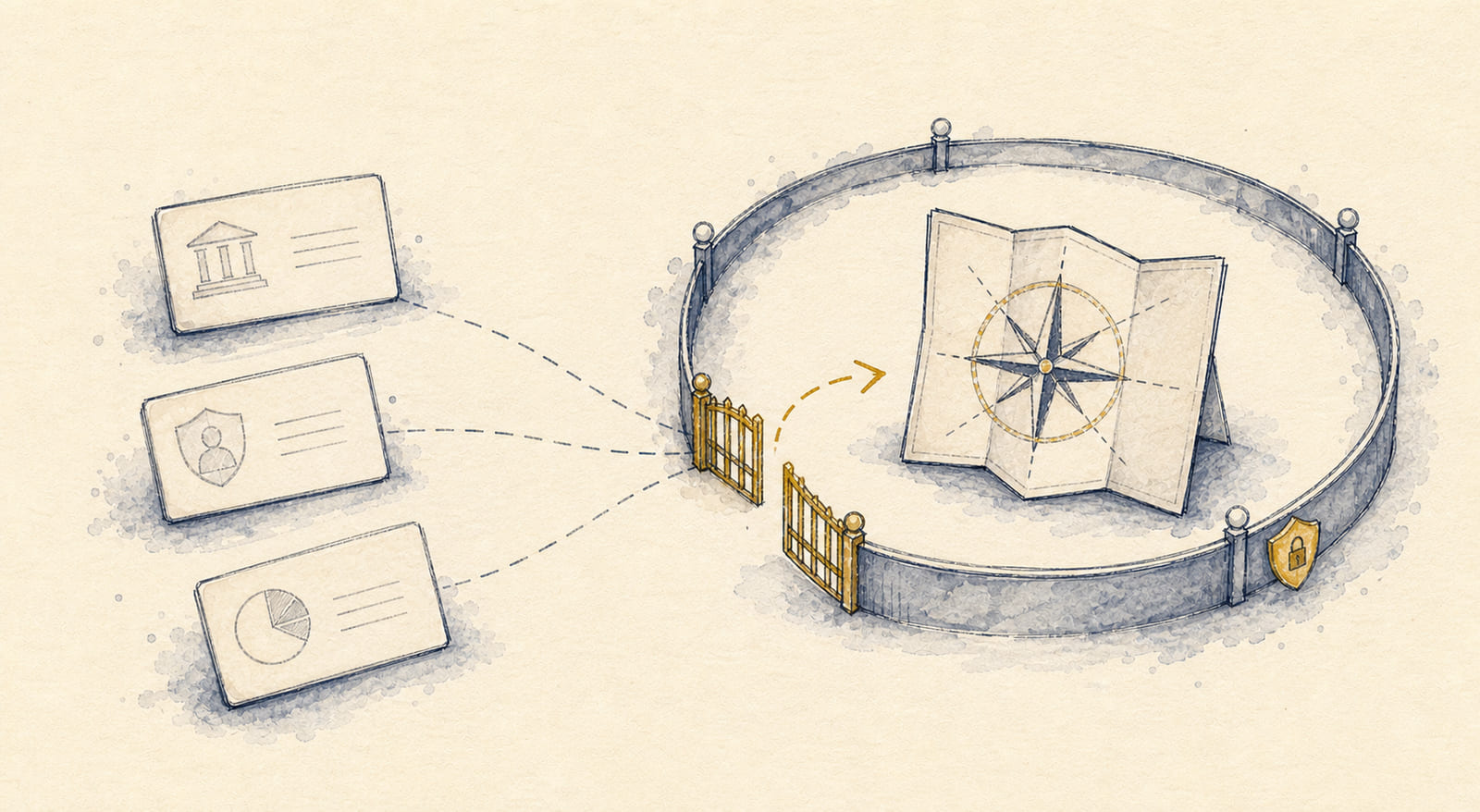 Hand-drawn financial cards entering a permissioned boundary around an advice compass