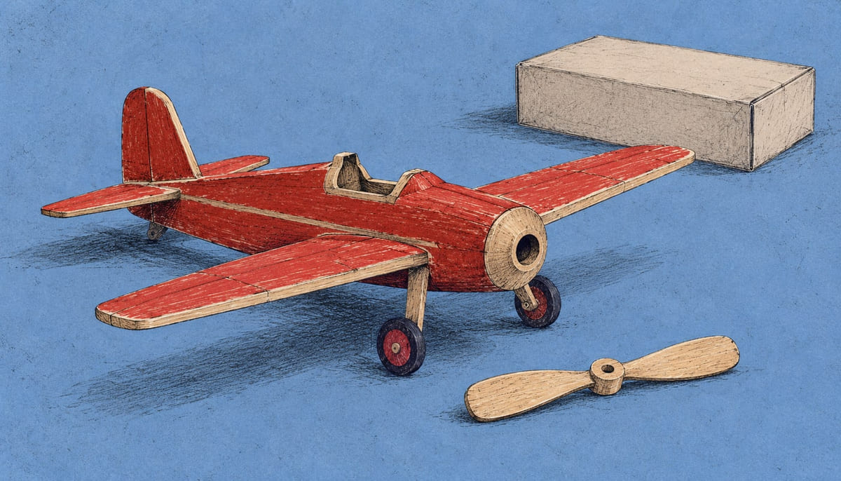 Print illustration of a nearly assembled red toy aeroplane, its loose propeller and an unopened model-kit carton