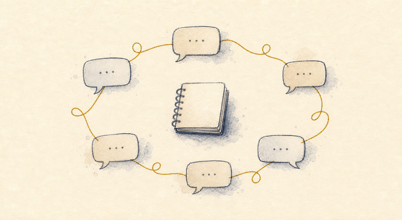 Hand-drawn message bubbles looping around a small notebook with a gold thread