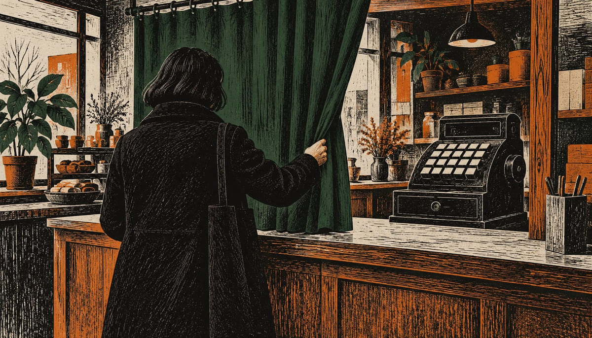 Wood-engraving illustration of a customer drawing a green privacy curtain at a shop counter, with a cash register on the other side