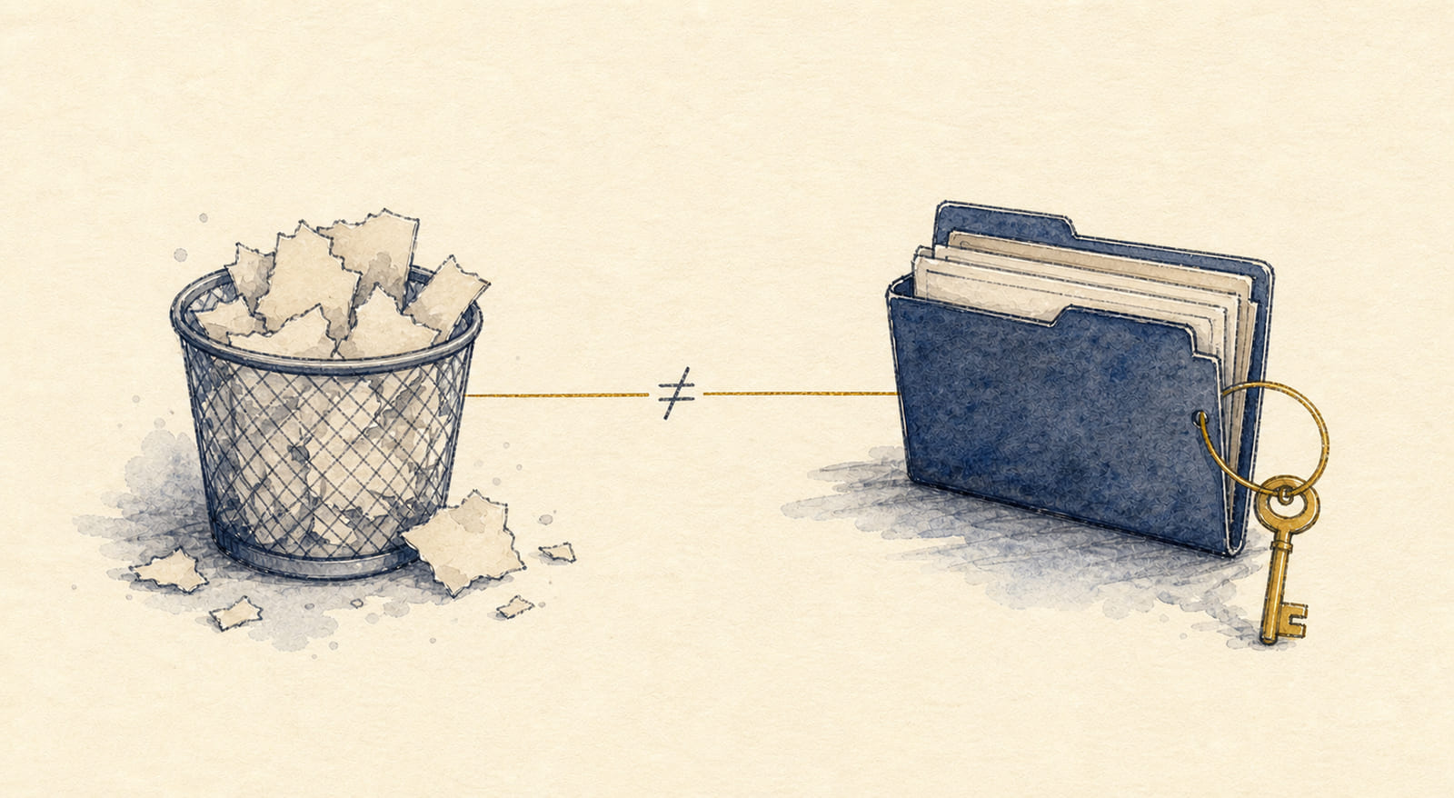 Hand-drawn wastebasket of scraps contrasted with a personal folder and key ring