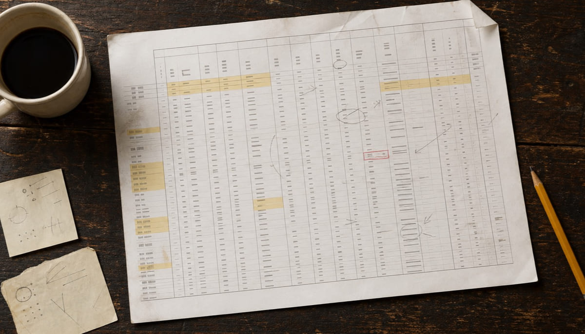 Overhead editorial still life of a marked-up spreadsheet printout beside paper notes, a pencil and a coffee cup