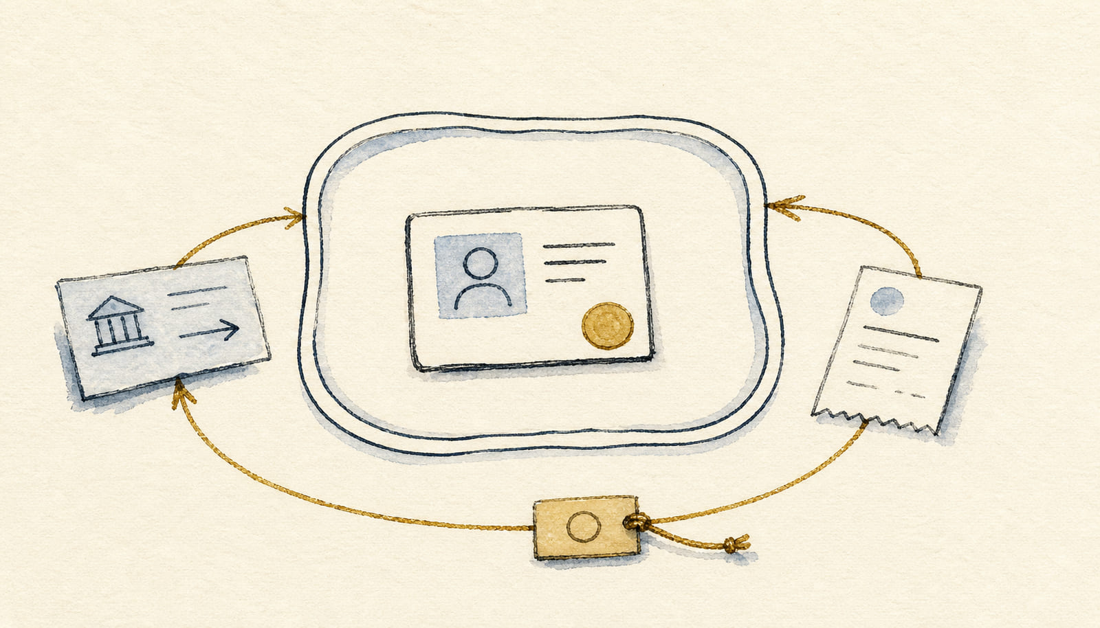 Hand-drawn permission card and recurring payment loop held inside a visible boundary