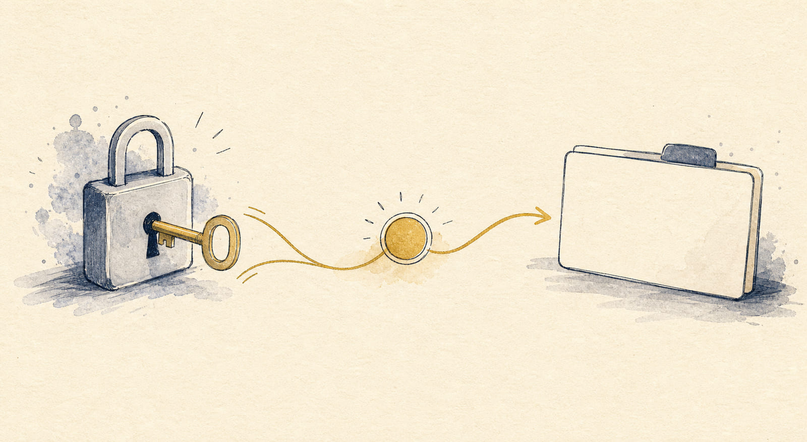 Hand-drawn key unlocking a permission route toward a useful planning folder