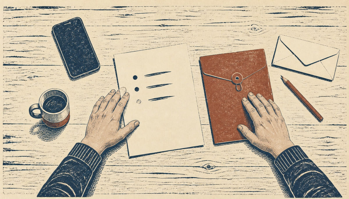 Linocut-style overhead scene of a person preparing financial questions beside a phone and a closed document folder