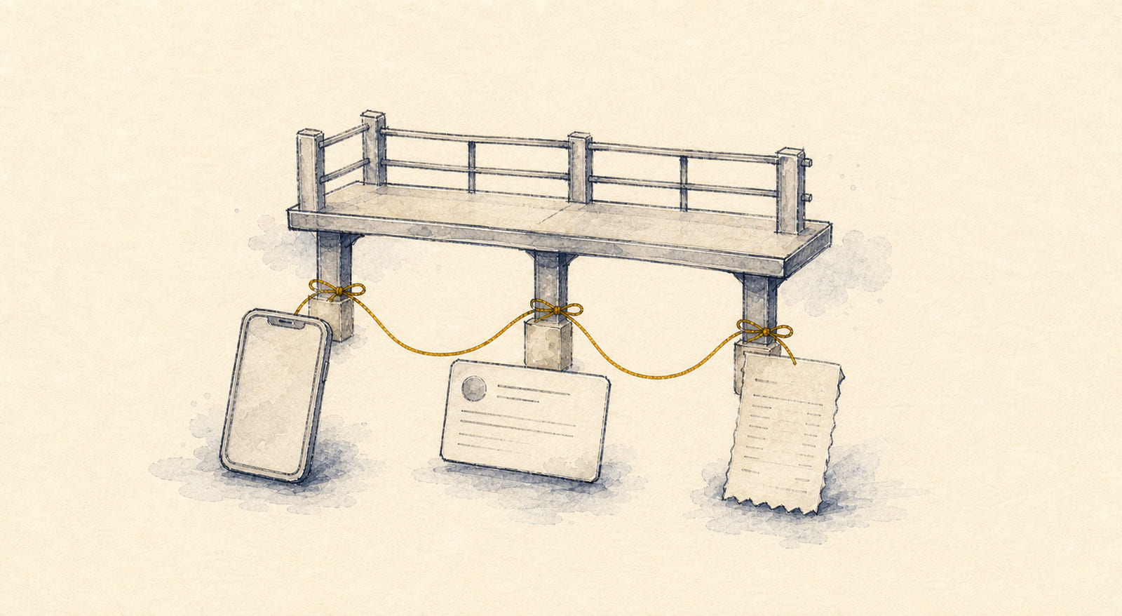 Hand-drawn everyday data sources supporting a small product scaffold with a gold thread