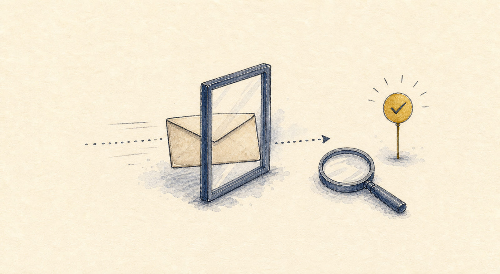 Hand-drawn sealed envelope passing through an inspection frame beside a magnifying glass