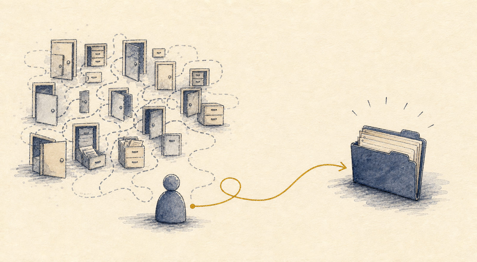 Hand-drawn person facing many data broker doors with a gold route toward one clean folder
