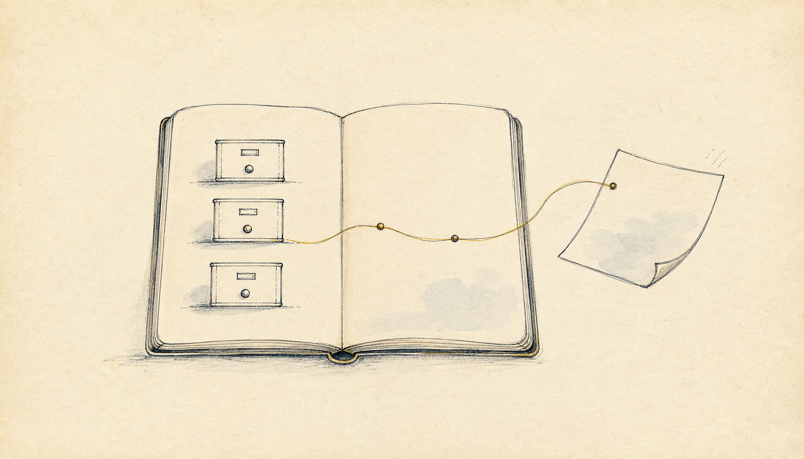 A hand-drawn notebook with memory drawers and one loose page carried by a gold thread