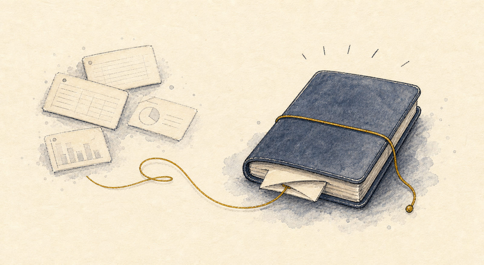 Hand-drawn closed notebook with a private folded page held by a gold bookmark thread