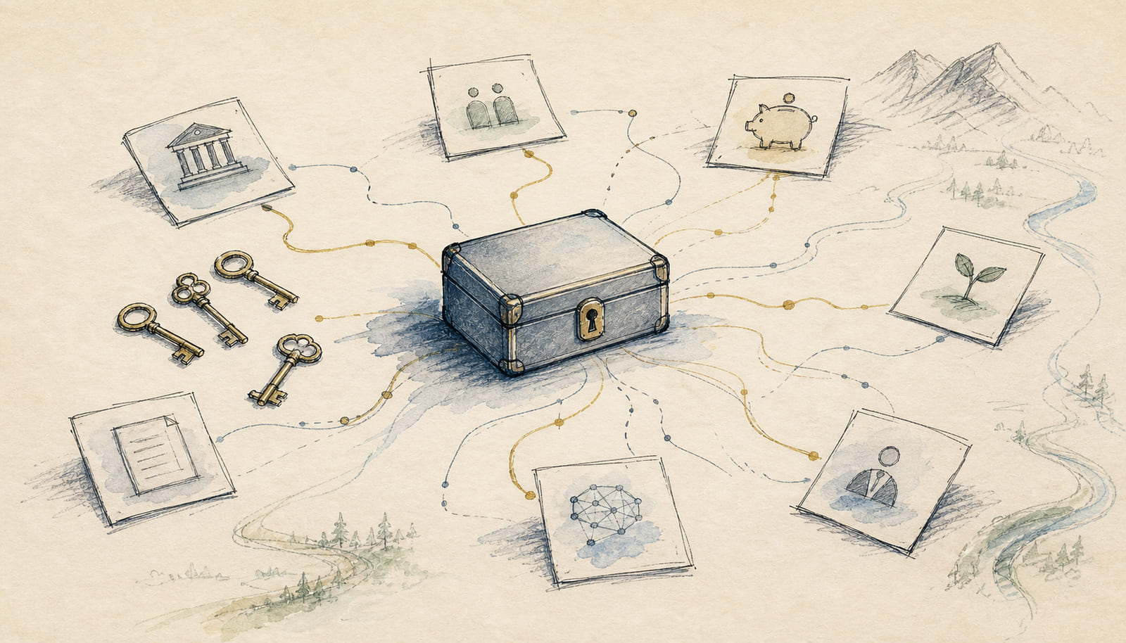 A hand-drawn lockbox connected to keys and small financial-context cards on cream paper