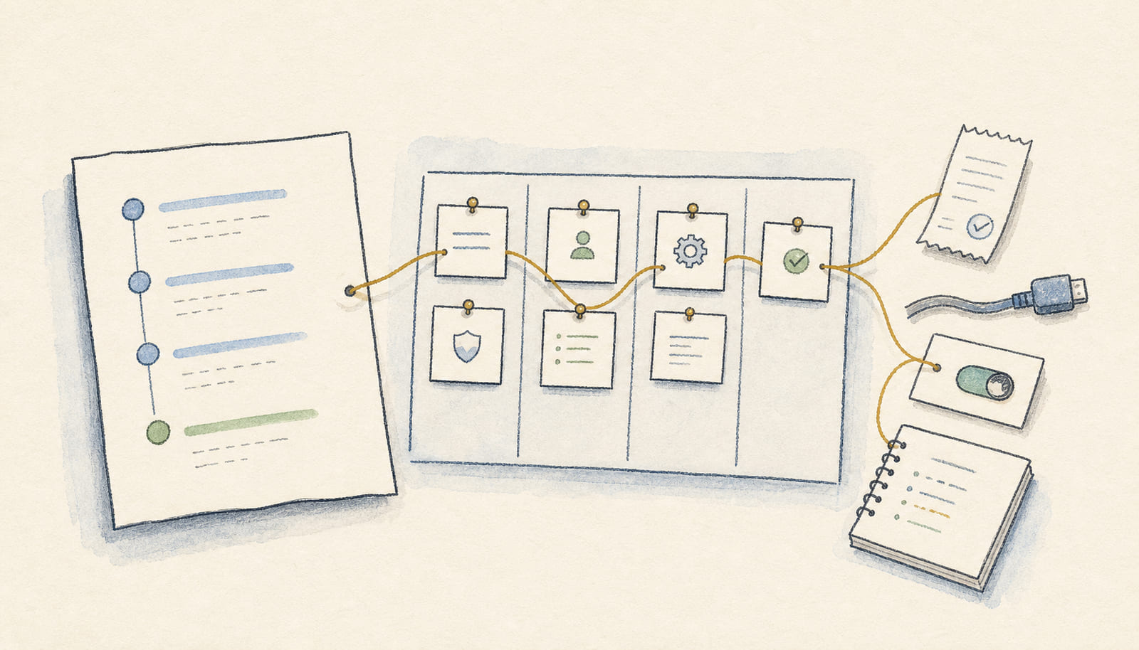 Hand-drawn open finance roadmap card turning into product work tiles connected by a gold thread