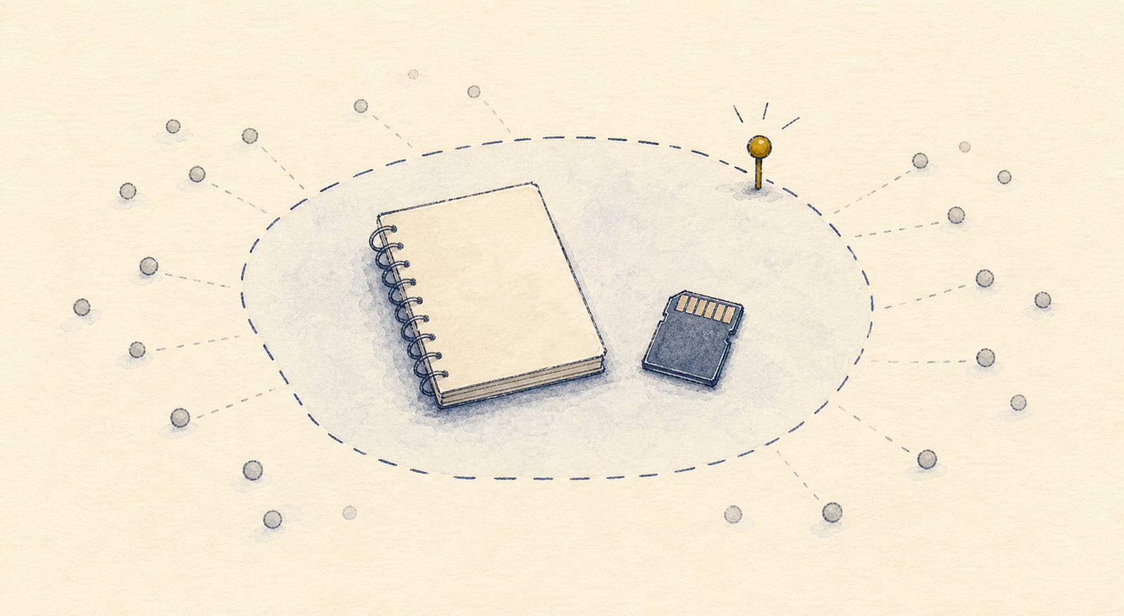 Hand-drawn notebook and memory card inside a visible privacy boundary