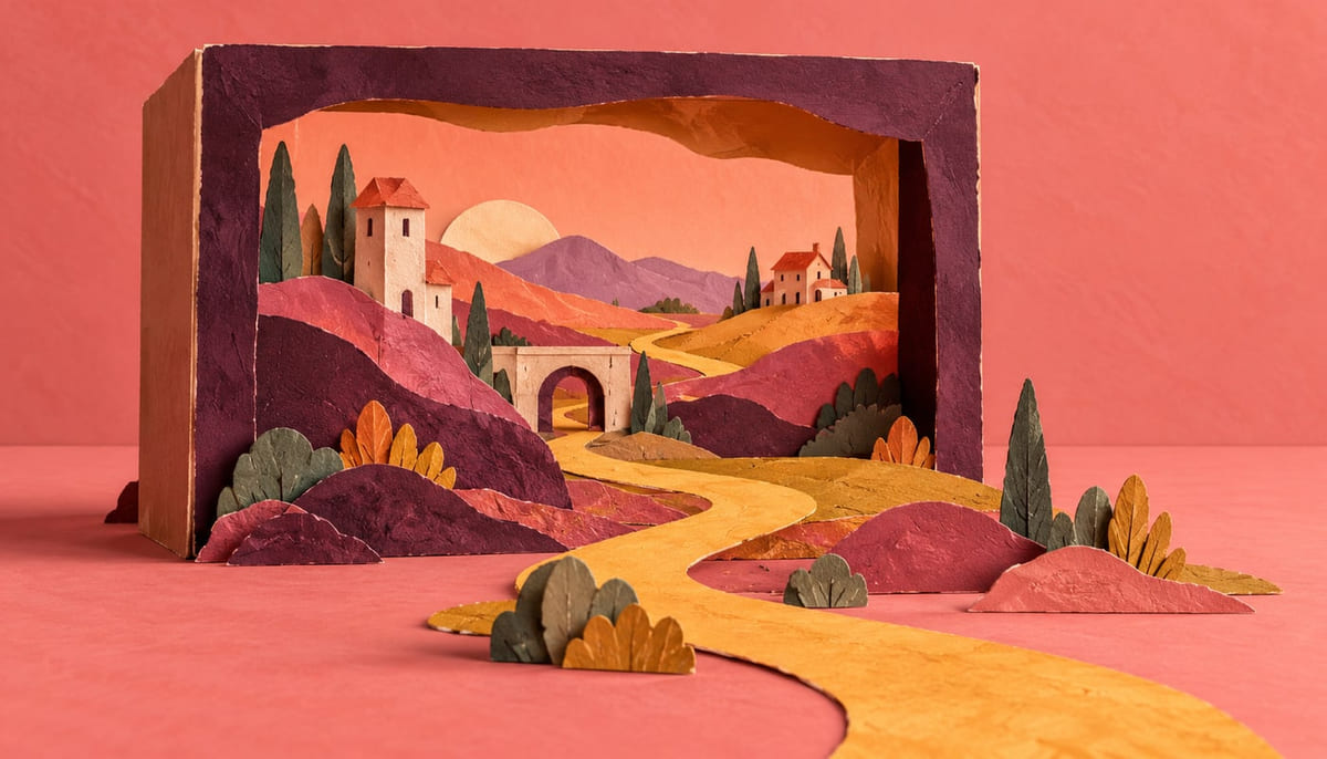 Paper-collage illustration of a winding path and a small imagined landscape extending beyond a miniature theatre frame
