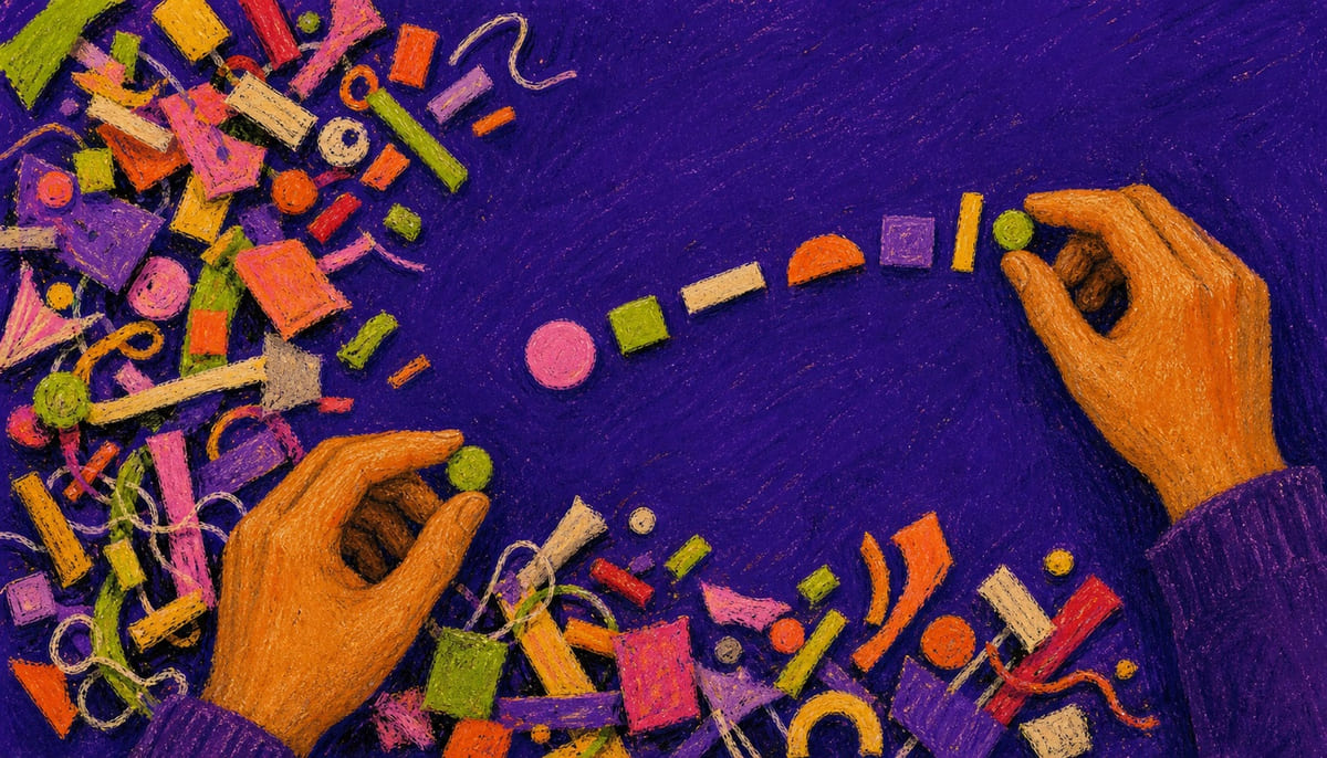 Oil-pastel overhead scene of two hands arranging scattered colourful fragments into a coherent sequence