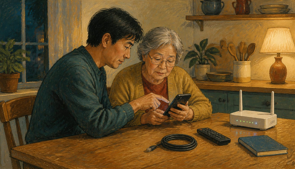 Painted evening scene of an adult helping an older relative use a phone at a kitchen table beside a router, cable and remote control