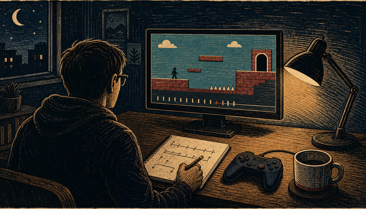 Woodcut-style night-time desk scene with a volunteer reviewing a paused platform game run beside a controller, notebook and simple timer