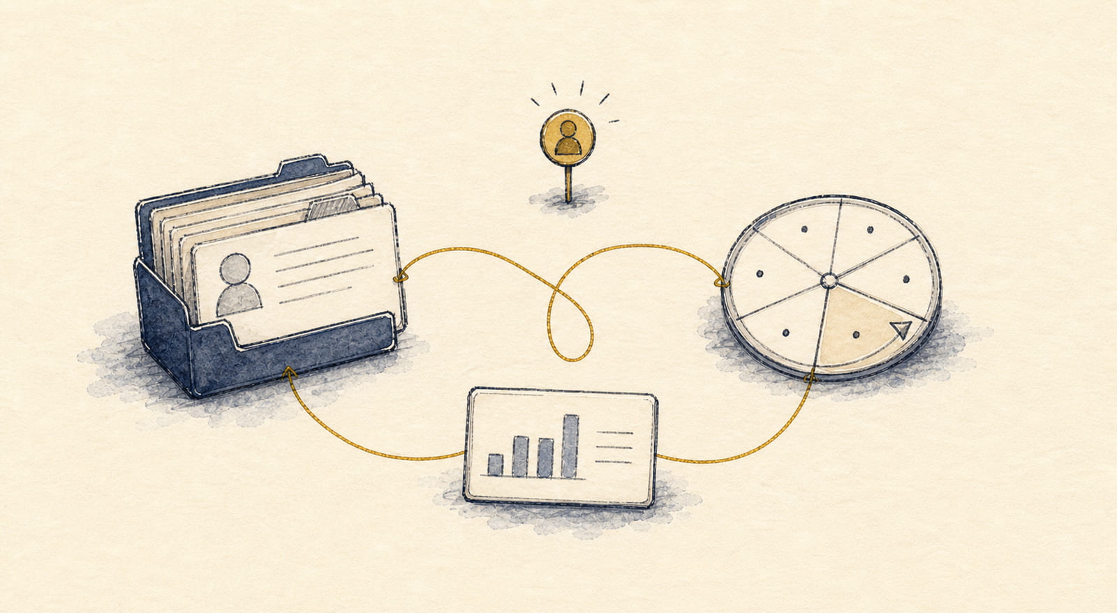 Hand-drawn CRM folder, chart card, and rhythm wheel connected by a gold loop