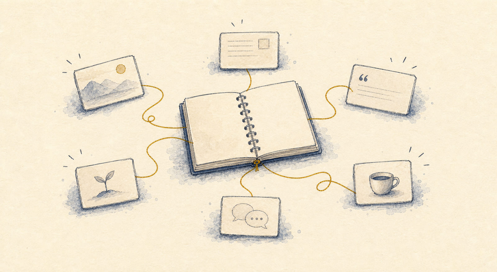Hand-drawn open notebook connected to small publishing cards by a gold thread
