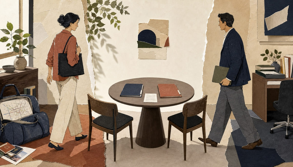 Cut-paper illustration of a traveller and a relationship manager approaching a shared table with two prepared folders and an audit receipt