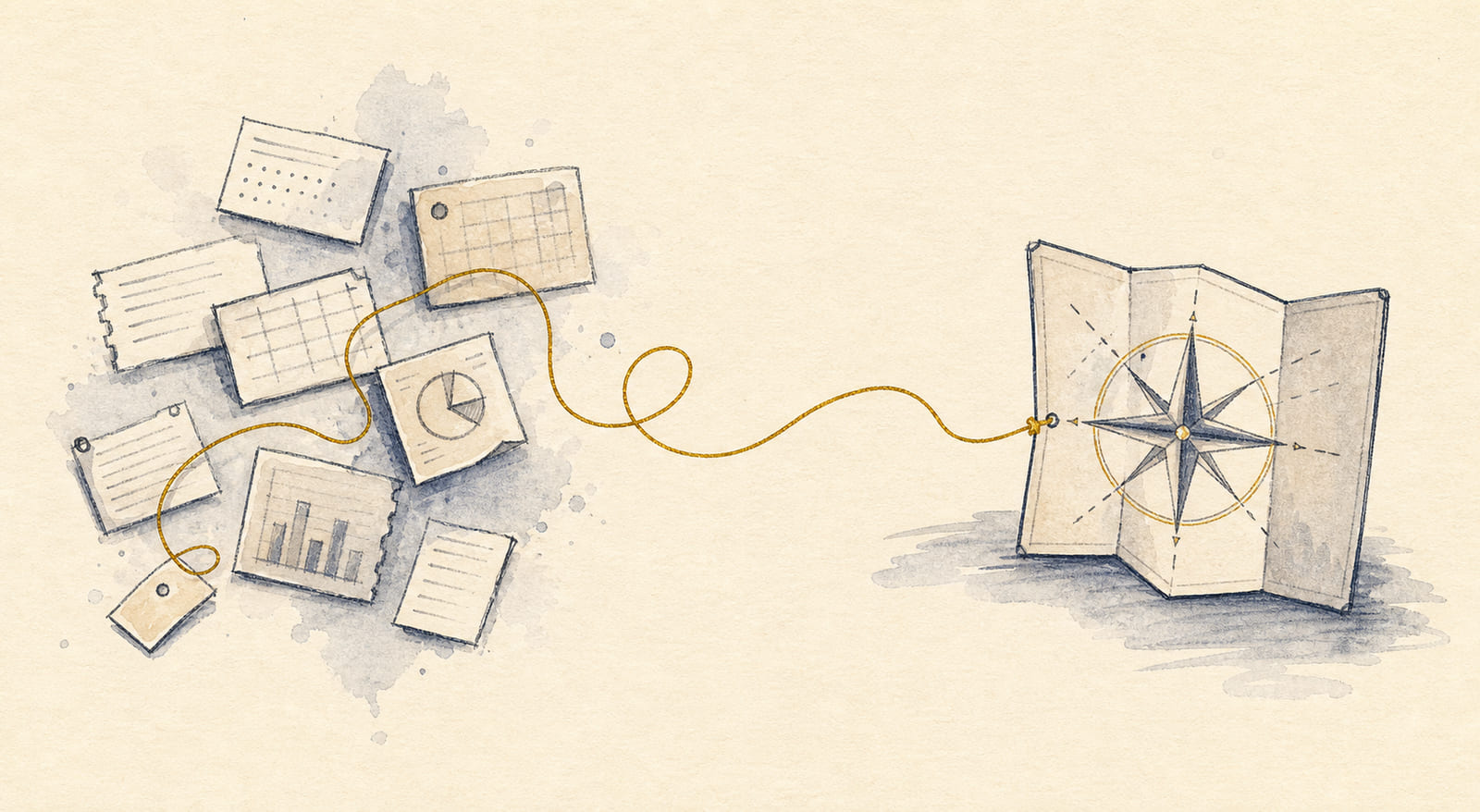 Hand-drawn financial data fragments being gathered into a clearer advice compass