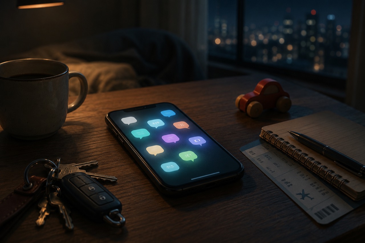 Phone with glowing message icons on a table at night beside keys, coffee, a notebook, a travel ticket, and a child’s toy