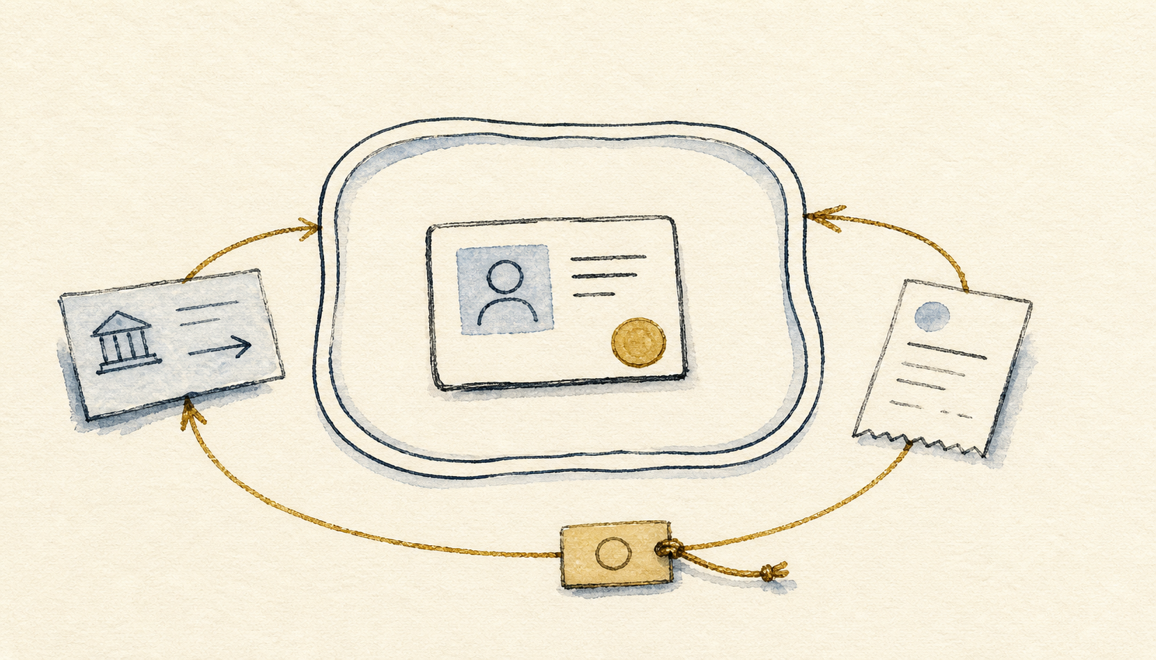 Hand-drawn permission card and recurring payment loop held inside a visible boundary