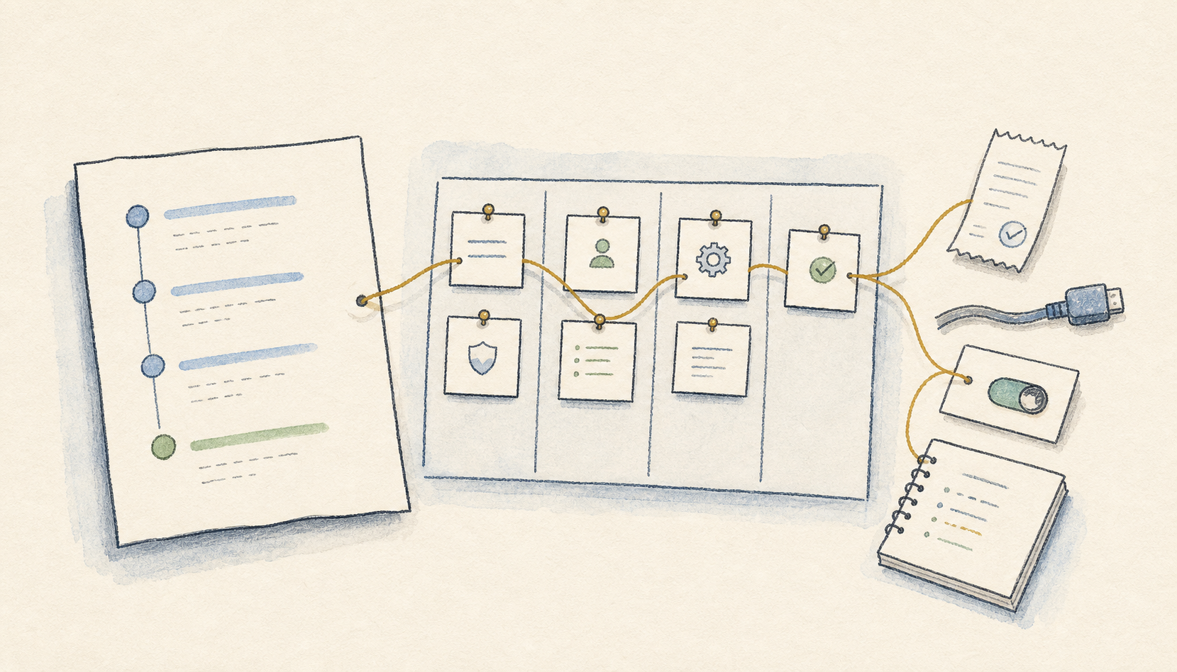Hand-drawn open finance roadmap card turning into product work tiles connected by a gold thread