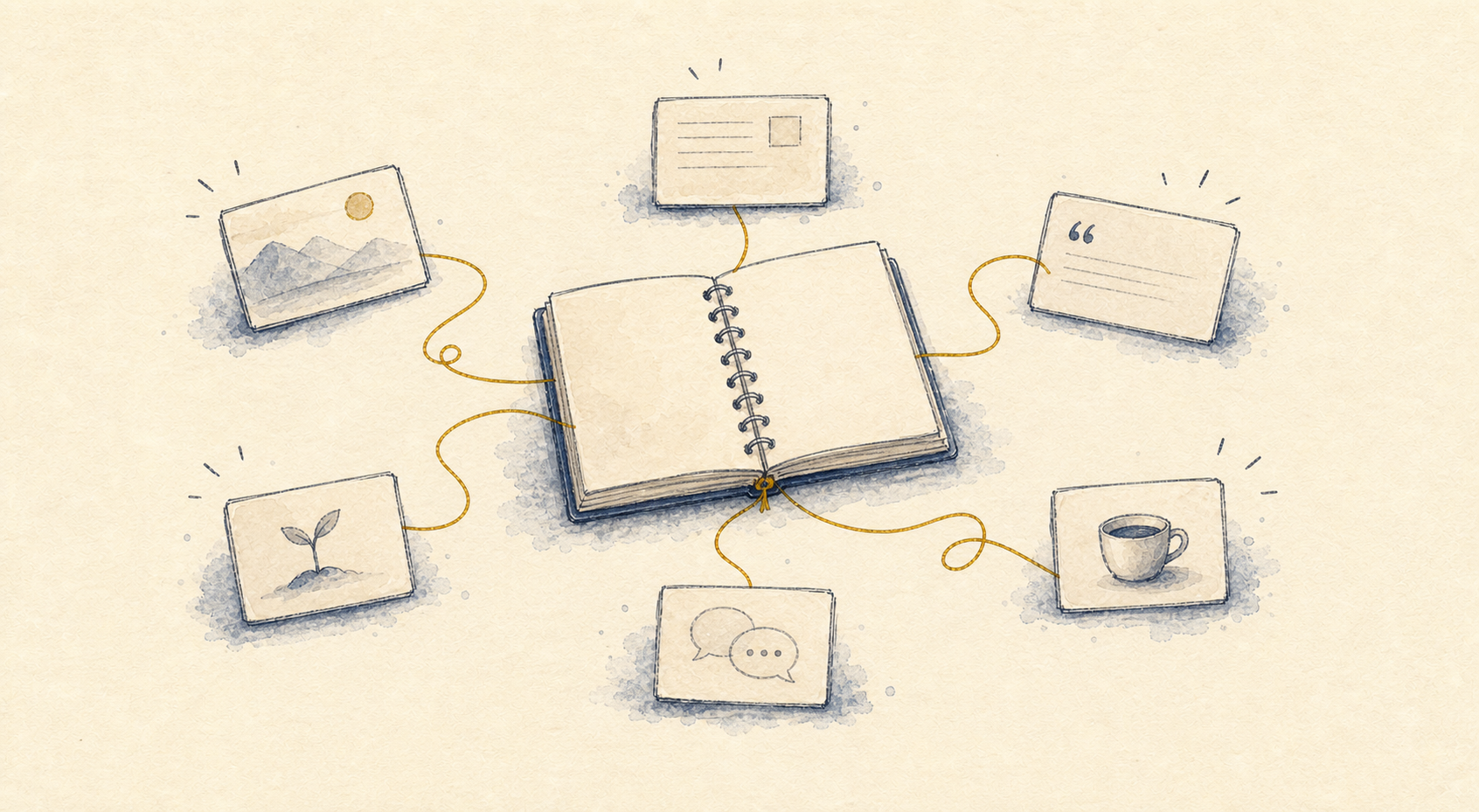 Hand-drawn open notebook connected to small publishing cards by a gold thread